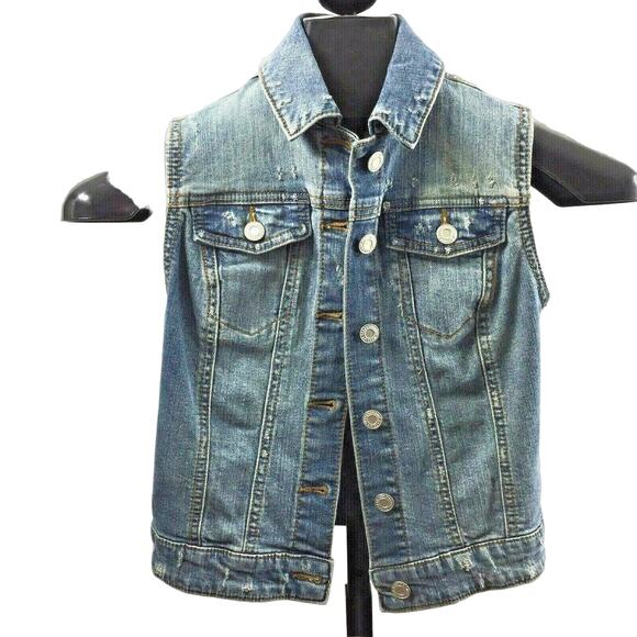 Womens XS Blue Jean Vest Grunge Biker Distress Medium Wash Denim Button Up - Picture 1 of 5